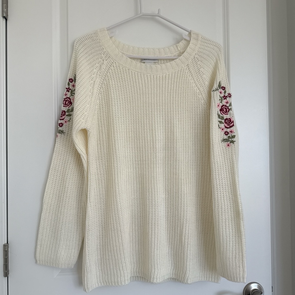 Classic Cream Sweater with Floral Embroidery